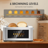 4-piece ultra-wide long-slot toaster with silver dual-control bread machine. Features 4×1.5-inch slots, LED touchscreen display, 6-level baking tempe