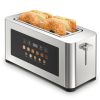 4-piece ultra-wide long-slot toaster with silver dual-control bread machine. Features 4×1.5-inch slots, LED touchscreen display, 6-level baking tempe