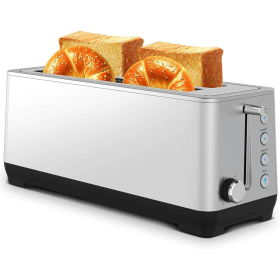 4-piece ultra-wide long-slot toaster, red dual-control toaster with 4×1.5-inch slots, anti-clogging design, 6-level baking temperature adjustment, de