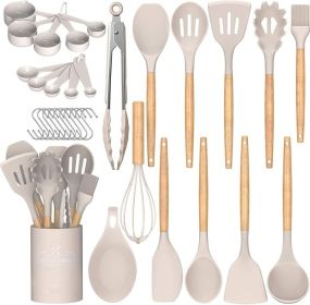 Chef Kitchen Cooking Utensils Set, 33 pcs Non-Stick Silicone Cooking Kitchen Utensils Spatula Set with Holder, Wooden Handle Silicone Kitchen Gadgets