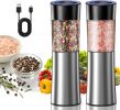 Rechargeable Gravity Electric Salt and Pepper Grinder Set Automatic Stainless Steels Salt and Pepper Mills with LED Light, No Battery Needed, Adjusta