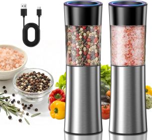 Rechargeable Gravity Electric Salt and Pepper Grinder Set Automatic Stainless Steels Salt and Pepper Mills with LED Light, No Battery Needed, Adjusta