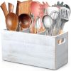 Rustic White Utensil Holder with Removable Divider - 3 Compartment Wooden Utensil Caddy Organizer for Kitchen Counter - Cooking Utensil Crock for Cou