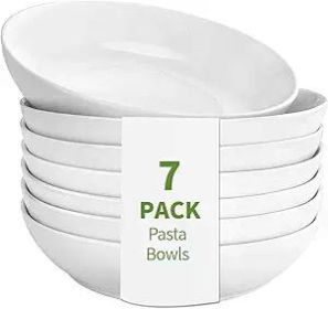 7 Pack Porcelain Pasta Bowls Ceramic , Large Serving Bowl, Wide and Shallow, Set 8.3 Inch - 30 Ounce - for Pasta, Salad, Cereal, Soup & Microwave & D