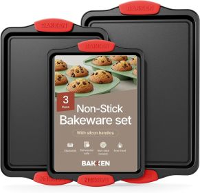 Baking Pan Set – 3 Piece Cookie Sheet – Deluxe Black Non-Stick Carbon Steel – Silicone Handles – Commercial Grade Restaurant Quality – PFOA PFOS and