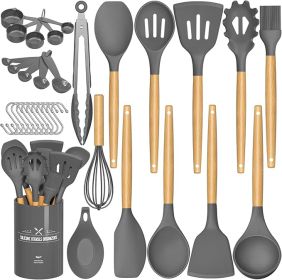 Chef Kitchen Cooking Utensils Set, 33 pcs Non-stick Silicone Utensils Spatula Set with Holder, Wooden Handle Heat Resistant Silicone Kitchen Gadgets