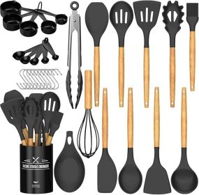 Chef Kitchen Cooking Utensils Set, 33 pcs Non-Stick Silicone Cooking Kitchen Spatula Set with Holder, Wooden Handle Silicone Kitchen Gadgets Utensil