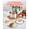 2.5 QT Saucepan with Steamer, Stainless Steel Saucepan with Glass Lid, Multipurpose Nonstick Stainless Steel Sauce Pot with Ergonomic Handle, Friendl