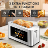 4-piece ultra-wide long-slot toaster with silver dual-control bread machine. Features 4×1.5-inch slots, LED touchscreen display, 6-level baking tempe