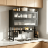 Over the Sink Dish Rack, Adjustable Carbon Steel Kitchen Sink Storage Rack with Utensil Rack, Knife Rack and Cutting Board Rack, Large Capacity Space