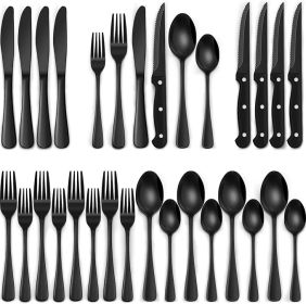 24-Piece Black Silverware Set with Steak Knives, Black Flatware Set for 4, Food-Grade Stainless Steel Tableware Cutlery Set, Mirror Finished Utensil (Color: Black)