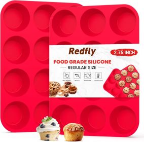 2 Pack Silicone Muffin Pan & Cupcake Pans for Baking - 12 Cup Regular Size BPA Free Egg Bites Molds (Color: Red)